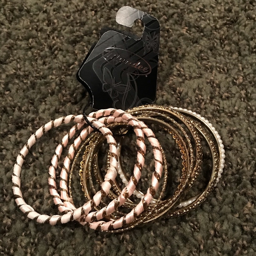 Bracelets Bangle Style Set 10pc set Bronze Gold 6, Pink fabric Bronze 3, Pearl 1
